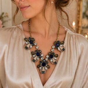 Statement Rhinestone Bib Necklace Blue Crystal Nude Stone Gold Chain NWT Bold